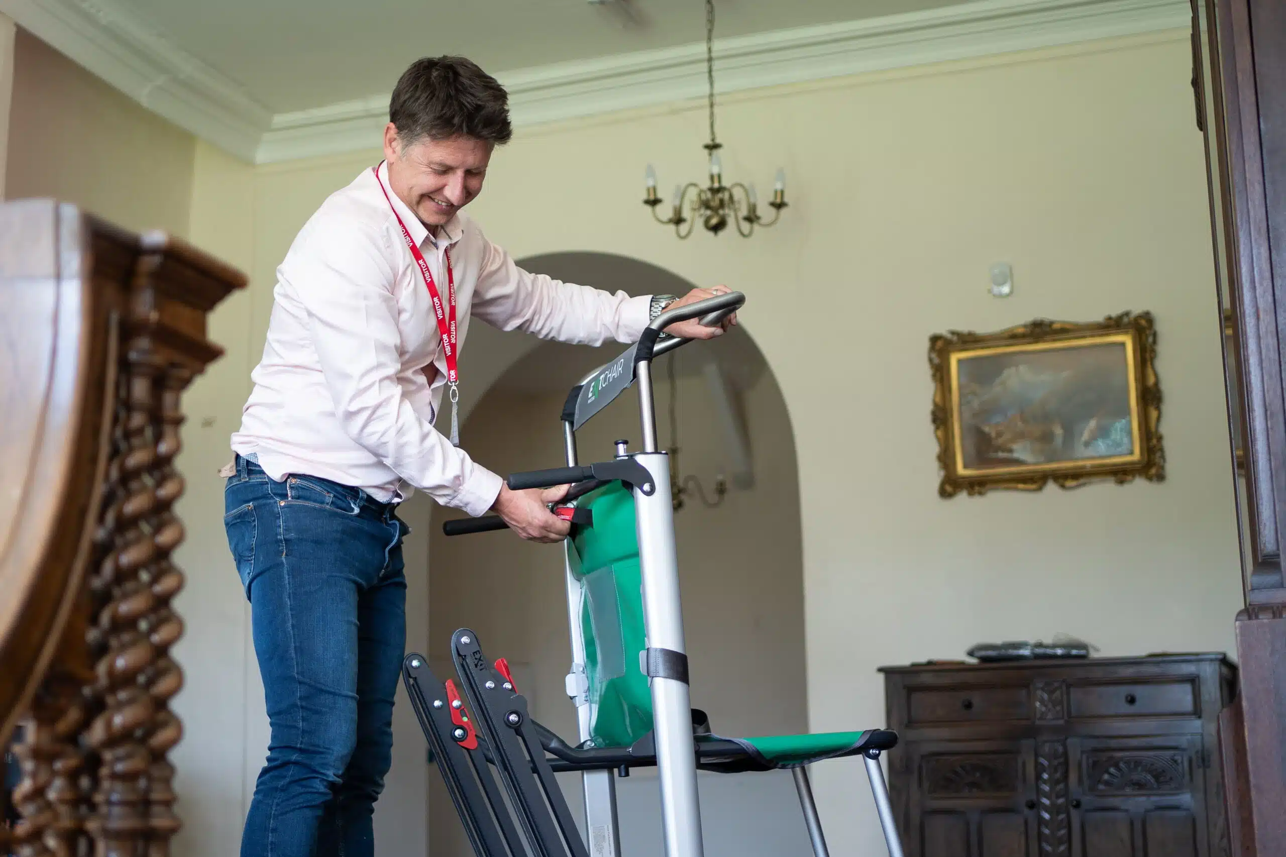 Chris from The Evacuation Company servicing an evacuation chair | Evacuation Equipment Servicing